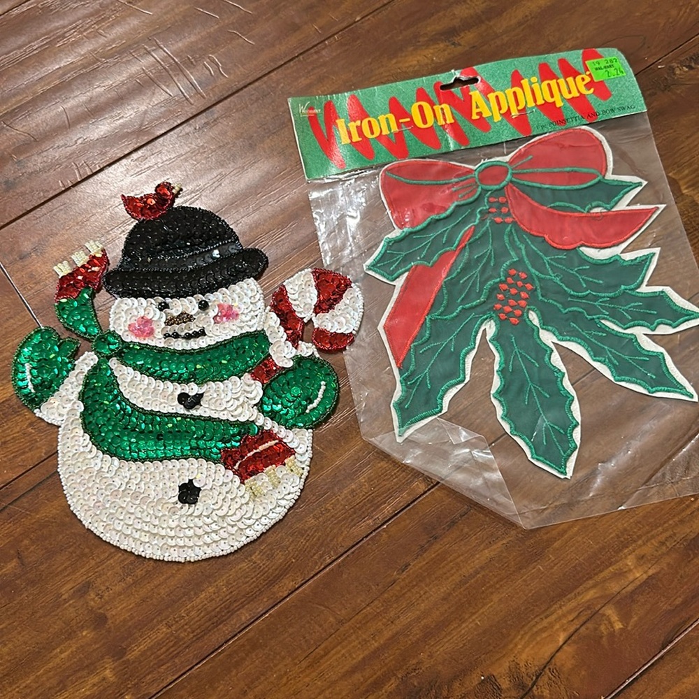 Vintage Christmas Sequin Applique Lot Snowman Cardinal Poinsettia Holly Bow NIP